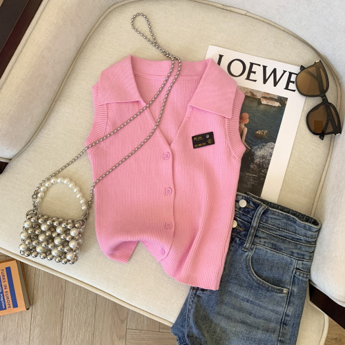 專櫃撤廻剪標港風復古POLO領小背心女夏季新款別致露肩顯白短上衣