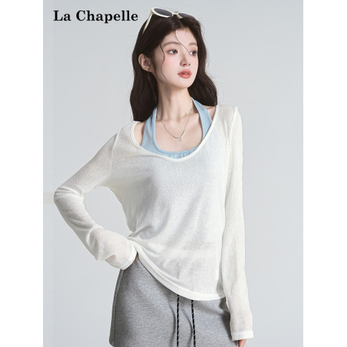 拉夏貝爾薄款慵懶風罩衫長袖T恤女辣妹性感內搭掛脖背心防曬上衣