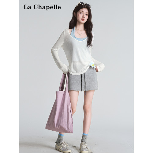 拉夏貝爾薄款慵懶風罩衫長袖T恤女辣妹性感內搭掛脖背心防曬上衣