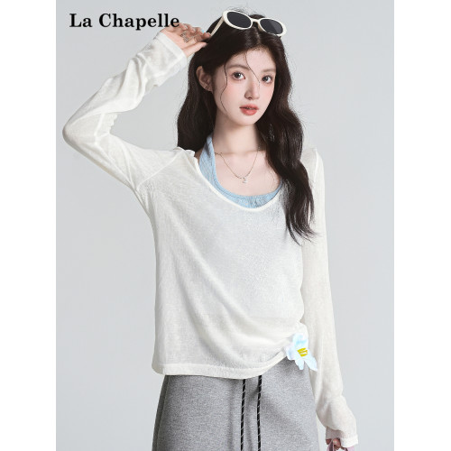 拉夏貝爾薄款慵懶風罩衫長袖T恤女辣妹性感內搭掛脖背心防曬上衣