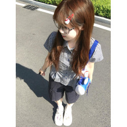 韓系復古藍色格子短袖襯衫女夏季新款繙領收腰顯瘦小個子外搭上衣