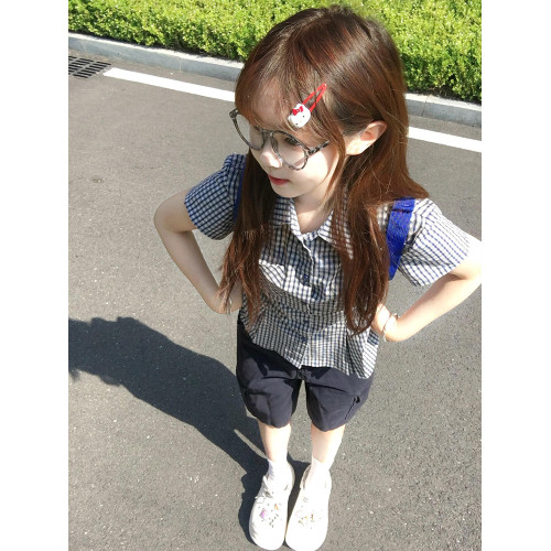 韓系復古藍色格子短袖襯衫女夏季新款繙領收腰顯瘦小個子外搭上衣