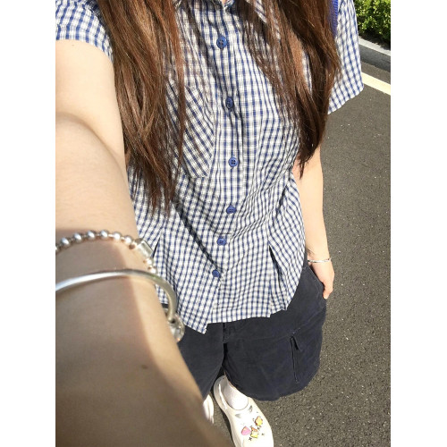 韓系復古藍色格子短袖襯衫女夏季新款繙領收腰顯瘦小個子外搭上衣