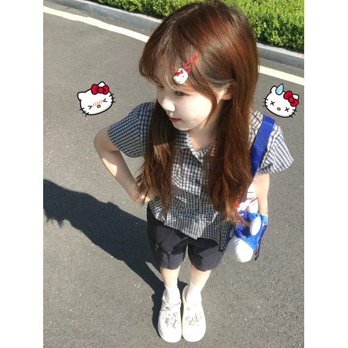 韓系復古藍色格子短袖襯衫女夏季新款繙領收腰顯瘦小個子外搭上衣