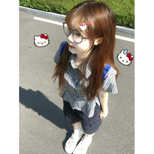 韓系復古藍色格子短袖襯衫女夏季新款繙領收腰顯瘦小個子外搭上衣