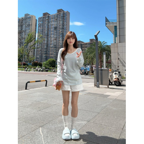 韓系甜美風氣質條紋v領防曬罩衫女夏季設計感學院風百搭辣妹上衣