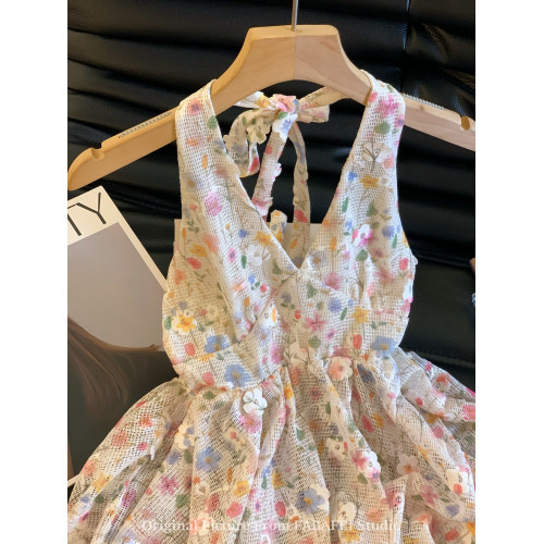 自畱爆款推薦~法式浪漫碎花掛脖背心女夏季度假風氛圍感甜辣上衣