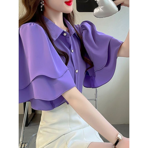 法式氣質荷葉邊襯衫女短袖夏季新款顯白顯瘦上衣漂亮獨特雪紡小衫