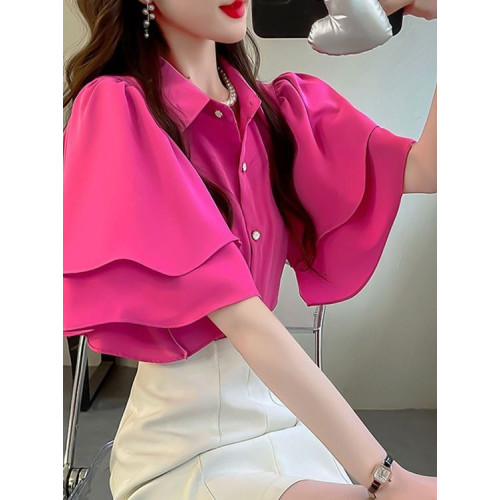 法式氣質荷葉邊襯衫女短袖夏季新款顯白顯瘦上衣漂亮獨特雪紡小衫