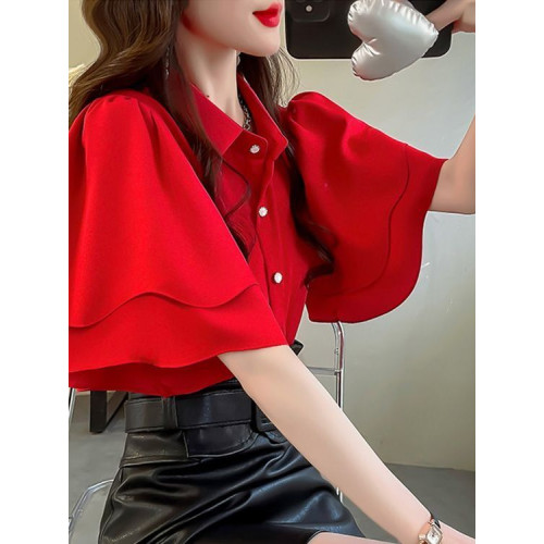 法式氣質荷葉邊襯衫女短袖夏季新款顯白顯瘦上衣漂亮獨特雪紡小衫