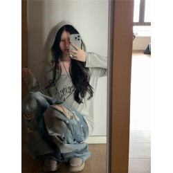 美式辣妹字母連帽長袖防曬衣罩衫女夏季慵懶風寬鬆氣質灰色上衣潮