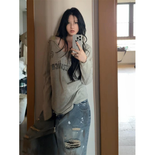 美式辣妹字母連帽長袖防曬衣罩衫女夏季慵懶風寬鬆氣質灰色上衣潮