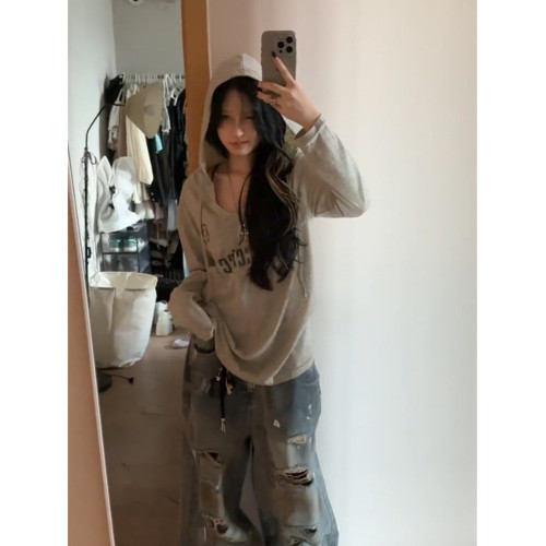 美式辣妹字母連帽長袖防曬衣罩衫女夏季慵懶風寬鬆氣質灰色上衣潮