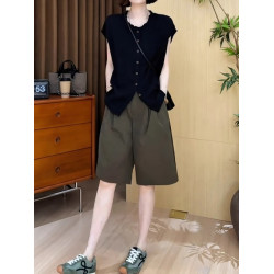 大碼女裝黑色圓領木耳邊單排釦短袖襯衫上衣胖mm寬鬆顯瘦氣質小衫