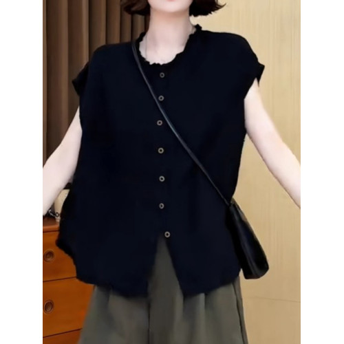 大碼女裝黑色圓領木耳邊單排釦短袖襯衫上衣胖mm寬鬆顯瘦氣質小衫