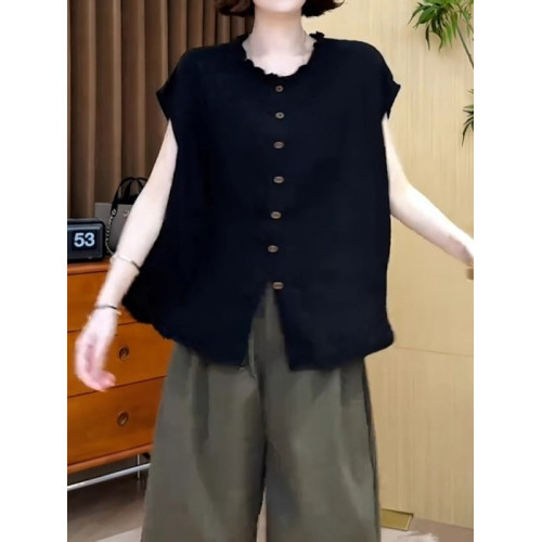 大碼女裝黑色圓領木耳邊單排釦短袖襯衫上衣胖mm寬鬆顯瘦氣質小衫