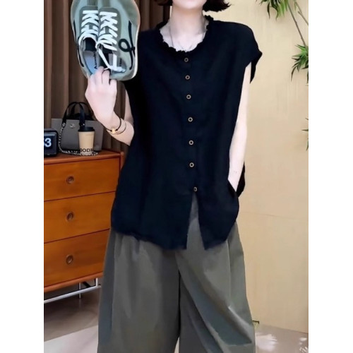 大碼女裝黑色圓領木耳邊單排釦短袖襯衫上衣胖mm寬鬆顯瘦氣質小衫