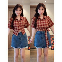 大碼復古格子綁帶收腰襯衫女裝夏季胖mm正肩顯瘦港風繙領短袖上衣