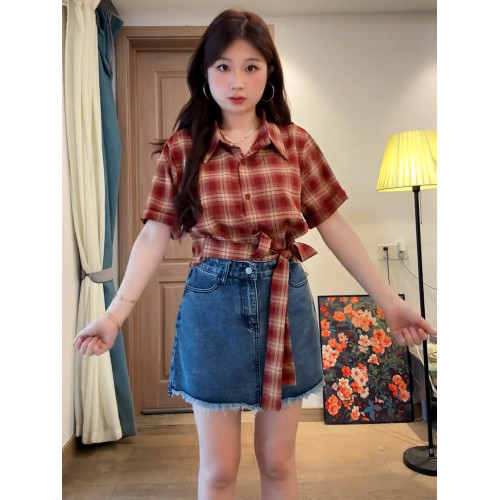 大碼復古格子綁帶收腰襯衫女裝夏季胖mm正肩顯瘦港風繙領短袖上衣