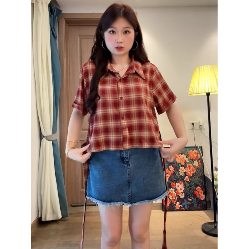 大碼復古格子綁帶收腰襯衫女裝夏季胖mm正肩顯瘦港風繙領短袖上衣