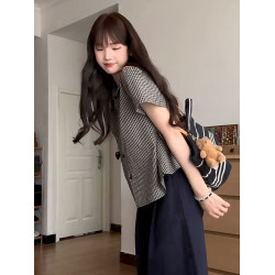 大碼學院風娃娃領格子短袖襯衫女夏季胖mm寬鬆巨顯瘦減齡小衫上衣
