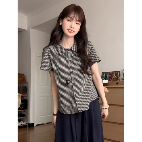 大碼學院風娃娃領格子短袖襯衫女夏季胖mm寬鬆巨顯瘦減齡小衫上衣