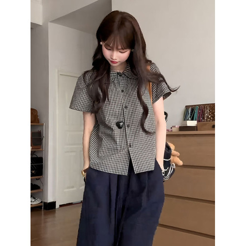 大碼學院風娃娃領格子短袖襯衫女夏季胖mm寬鬆巨顯瘦減齡小衫上衣