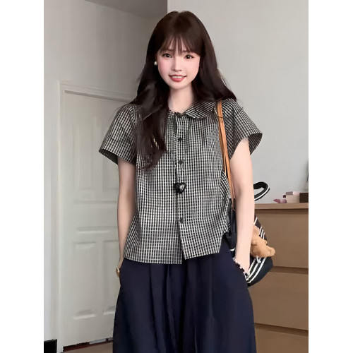 大碼學院風娃娃領格子短袖襯衫女夏季胖mm寬鬆巨顯瘦減齡小衫上衣