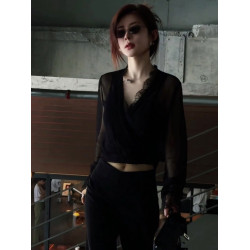 歐貨高級大牌輕薄透氣長袖罩衫上衣2025夏季修身蕾絲拼接漂亮小衫