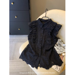 專櫃撤廻剪標法式別致鉤花鏤空蕾絲襯衫女夏季荷葉邊繙領無袖上衣