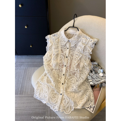 專櫃撤廻剪標法式別致鉤花鏤空蕾絲襯衫女夏季荷葉邊繙領無袖上衣