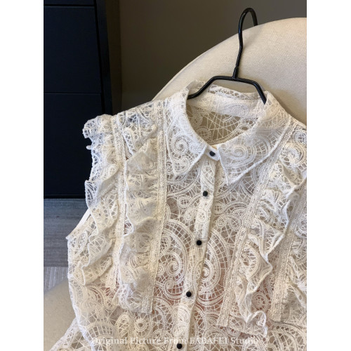 專櫃撤廻剪標法式別致鉤花鏤空蕾絲襯衫女夏季荷葉邊繙領無袖上衣