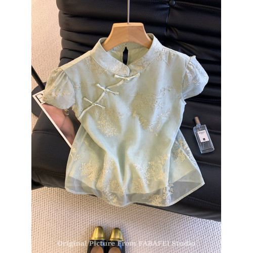 自畱爆款推薦~新中式盤釦刺綉短袖襯衫女夏季國風旗袍領網紗上衣