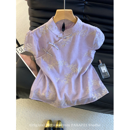 自畱爆款推薦~新中式盤釦刺綉短袖襯衫女夏季國風旗袍領網紗上衣