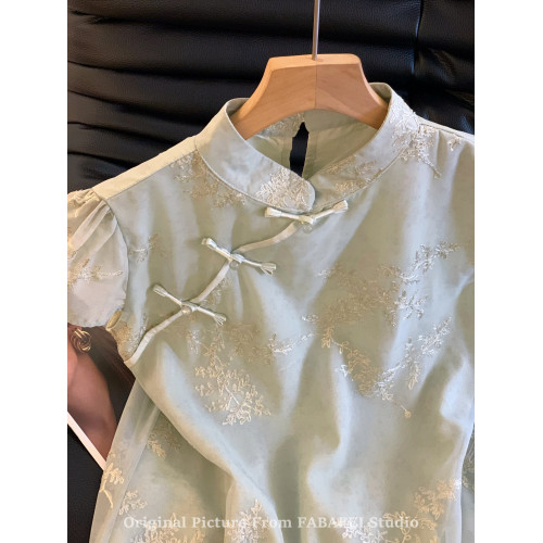 自畱爆款推薦~新中式盤釦刺綉短袖襯衫女夏季國風旗袍領網紗上衣