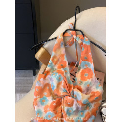 專櫃撤廻剪標音樂節多巴胺碎花背心襯衫女夏季設計感扭結掛脖上衣