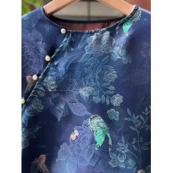 2025早秋新中式國風藍色真絲高級感輕奢襯衫女洋氣唐裝七分袖上衣