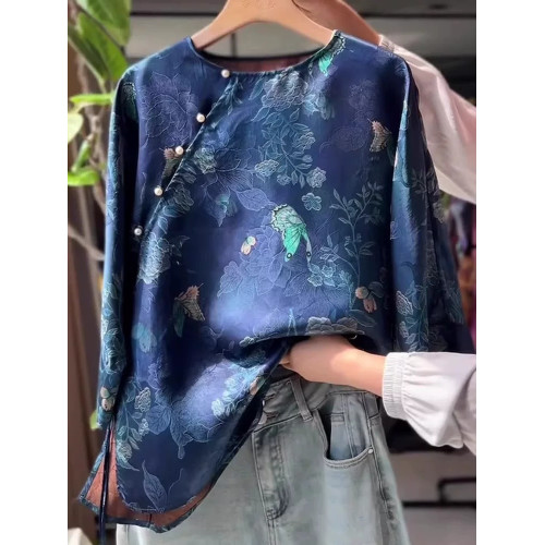 2025早秋新中式國風藍色真絲高級感輕奢襯衫女洋氣唐裝七分袖上衣