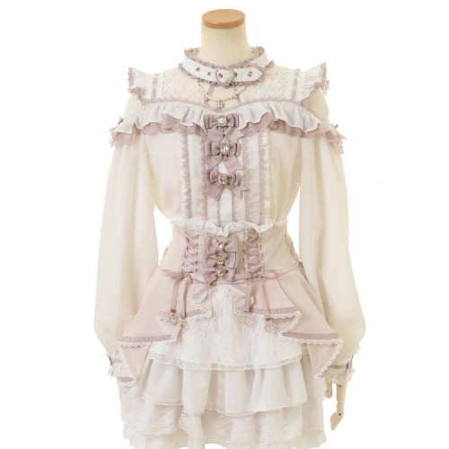 日系量産型顯高顯瘦顯白項圈領露肩蕾絲甜美蝴蝶結重工學院風襯衫