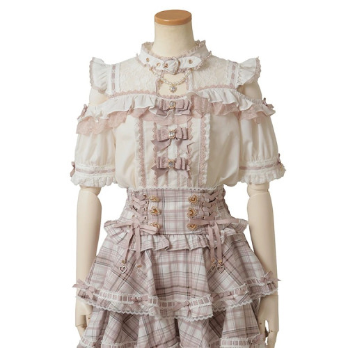 日系量産型顯高顯瘦顯白項圈領露肩蕾絲甜美蝴蝶結重工學院風襯衫