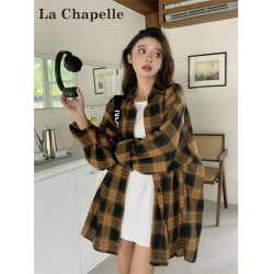拉夏貝爾美式磨毛格子長袖襯衫女春季2026新款慵懶風寬鬆外套上衣