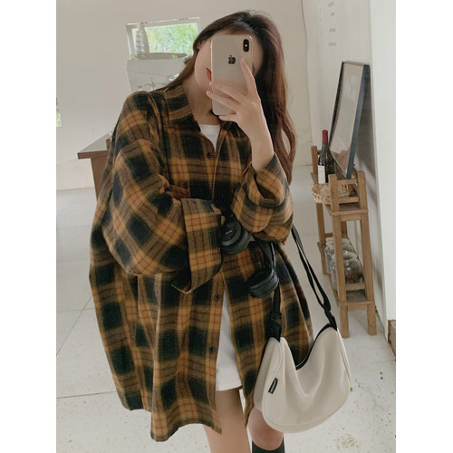 拉夏貝爾美式磨毛格子長袖襯衫女春季2026新款慵懶風寬鬆外套上衣