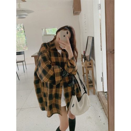 拉夏貝爾美式磨毛格子長袖襯衫女春季2026新款慵懶風寬鬆外套上衣