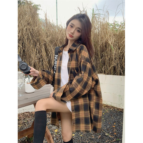 拉夏貝爾美式磨毛格子長袖襯衫女春季2026新款慵懶風寬鬆外套上衣