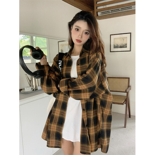 拉夏貝爾美式磨毛格子長袖襯衫女春季2026新款慵懶風寬鬆外套上衣
