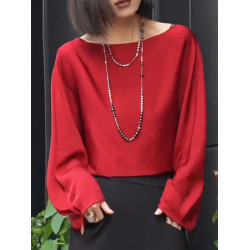 紅色一字領長袖冰絲T恤女2026春季新款時尚優雅高級氣質精緻上衣