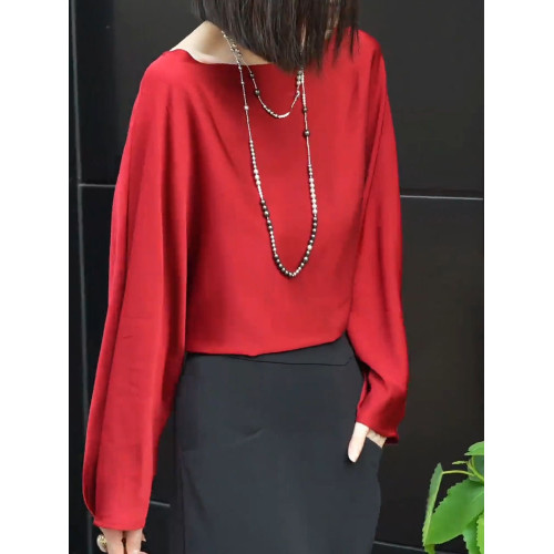 紅色一字領長袖冰絲T恤女2026春季新款時尚優雅高級氣質精緻上衣