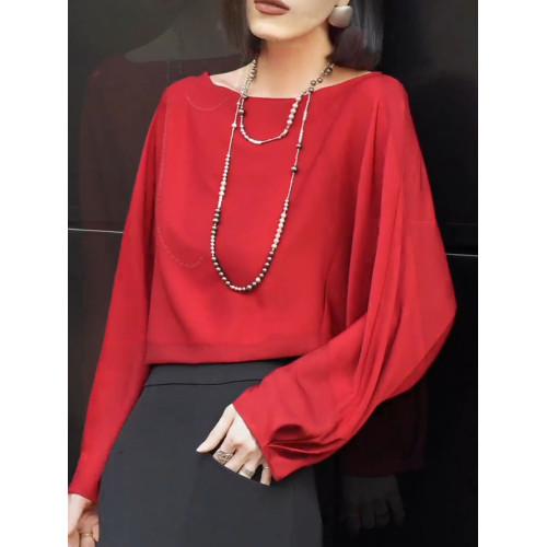 紅色一字領長袖冰絲T恤女2026春季新款時尚優雅高級氣質精緻上衣