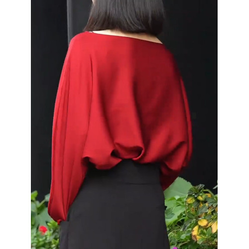 紅色一字領長袖冰絲T恤女2026春季新款時尚優雅高級氣質精緻上衣