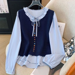 韓系復古假兩件彩虹紐釦針織馬甲拼接襯衫女秋季新款甜美遮肉上衣